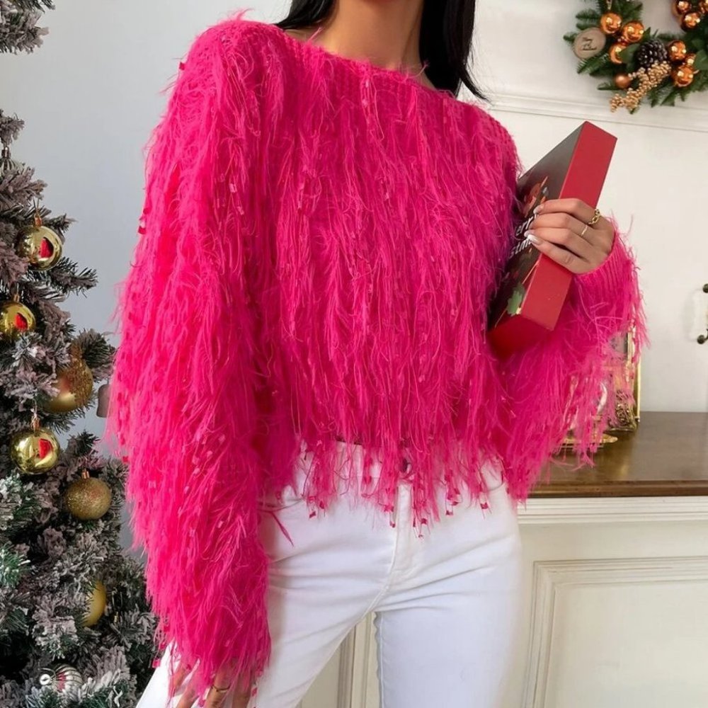 Statement maker! Barbie Fuzzy Fringe Crop knit Sweater top Pink - Picture 5 of 7